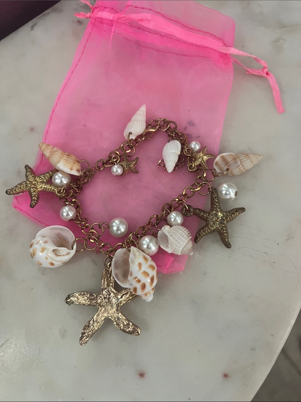 Seashell Charm Bracelet - Pink, Gold & Pearl Beach Theme